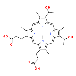 ChemSpider 2D Image | 3,3'-[7,12-Bis(1-hydroxyethyl)-3,8,13,17,21-pentamethyl-2,18-porphyrindiyl]dipropanoic acid | C35H40N4O6