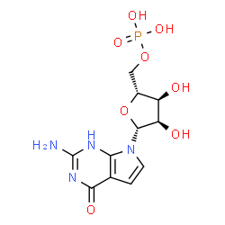 ChemSpider 2D Image | 2-Amino-7-(5-O-phosphono-beta-D-ribofuranosyl)-1,7-dihydro-4H-pyrrolo[2,3-d]pyrimidin-4-one | C11H15N4O8P
