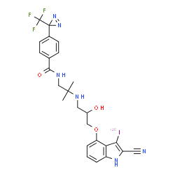 ChemSpider 2D Image | N-{2-[(3-{[2-Cyano-3-(~125~I)iodo-1H-indol-4-yl]oxy}-2-hydroxypropyl)amino]-2-methylpropyl}-4-[3-(trifluoromethyl)-3H-diaziren-3-yl]benzamide | C25H24F3125IN6O3