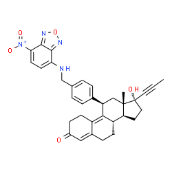 ChemSpider 2D Image | (8S,11R,13S,14S,17R)-17-Hydroxy-13-methyl-11-(4-{[(7-nitro-2,1,3-benzoxadiazol-4-yl)amino]methyl}phenyl)-17-(1-propyn-1-yl)-1,2,6,7,8,11,12,13,14,15,16,17-dodecahydro-3H-cyclopenta[a]phenanthren-3-one | C34H34N4O5