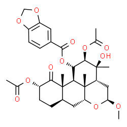 ChemSpider 2D Image | 18-Norpicrasan-1-one, 2,12-bis(acetyloxy)-11-((1,3-benzodioxol-5-ylcarbonyl)oxy)-13-hydroxy-16-methoxy-, (2alpha,11alpha,12beta,16beta)- | C32H40O12