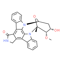 ChemSpider 2D Image | (5R,6S,7S,9S)-7-hydroxy-6-methoxy-5-methyl-6,7,8,9,15,16-hexahydro-5H,14H-5,9-epoxy-4b,9a,15-triazadibenzo[b,h]cyclonona[1,2,3,4-jkl]cyclopenta[e]-as-indacen-14-one | C27H23N3O4