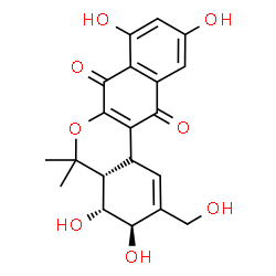ChemSpider 2D Image | (3R,4R,4aR)-3,4,8,10-Tetrahydroxy-2-(hydroxymethyl)-5,5-dimethyl-3,4a,5,12b-tetrahydro-4H-dibenzo[c,g]chromene-7,12-dione | C20H20O8
