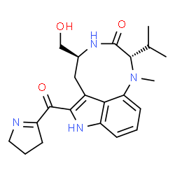 ChemSpider 2D Image | (2S,5S)-7-(3,4-Dihydro-2H-pyrrol-5-ylcarbonyl)-5-(hydroxymethyl)-2-isopropyl-1-methyl-1,2,4,5,6,8-hexahydro-3H-[1,4]diazonino[7,6,5-cd]indol-3-one | C22H28N4O3