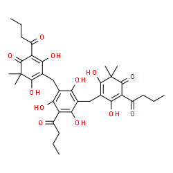 ChemSpider 2D Image | 4,4'-[(5-Butyryl-2,4,6-trihydroxy-1,3-phenylene)bis(methylene)]bis(2-butyryl-3,5-dihydroxy-6,6-dimethyl-2,4-cyclohexadien-1-one) | C36H44O12
