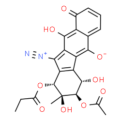 ChemSpider 2D Image | (1R,2S,3R,4S)-3-Acetoxy-11-diazonio-2,4,10-trihydroxy-2-methyl-9-oxo-1-(propionyloxy)-2,3,4,9-tetrahydro-1H-benzo[b]fluoren-5-olate | C23H20N2O9