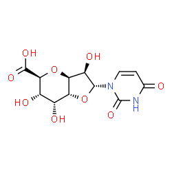ChemSpider 2D Image | (2R,3R,3aS,5S,6S,7R,7aR)-2-(2,4-Dioxo-3,4-dihydro-1(2H)-pyrimidinyl)-3,6,7-trihydroxyhexahydro-2H-furo[3,2-b]pyran-5-carboxylic acid | C12H14N2O9