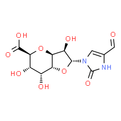 ChemSpider 2D Image | (2R,3R,3aS,5S,6S,7R,7aR)-2-(4-Formyl-2-oxo-2,3-dihydro-1H-imidazol-1-yl)-3,6,7-trihydroxyhexahydro-2H-furo[3,2-b]pyran-5-carboxylic acid | C12H14N2O9