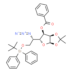 ChemSpider 2D Image | 5-Azido-3-O-benzoyl-5-deoxy-1,2-O-isopropylidene-6-O-[(2-methyl-2-propanyl)(diphenyl)silyl]-beta-L-talofuranose | C32H37N3O6Si