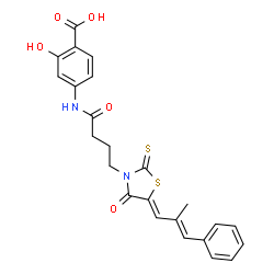 ChemSpider 2D Image | 2-Hydroxy-4-[(4-{(5Z)-5-[(2E)-2-methyl-3-phenyl-2-propen-1-ylidene]-4-oxo-2-thioxo-1,3-thiazolidin-3-yl}butanoyl)amino]benzoic acid | C24H22N2O5S2