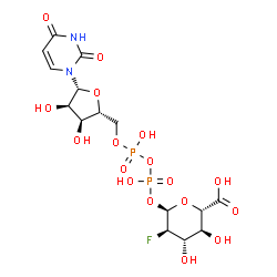ChemSpider 2D Image | (2S,3S,4S,5R,6R)-6-{[{[{[(2R,3S,4R,5R)-5-(2,4-Dioxo-3,4-dihydro-1(2H)-pyrimidinyl)-3,4-dihydroxytetrahydro-2-furanyl]methoxy}(hydroxy)phosphoryl]oxy}(hydroxy)phosphoryl]oxy}-5-fluoro-3,4-dihydroxytetr
ahydro-2H-pyran-2-carboxylic acid | C15H21FN2O17P2