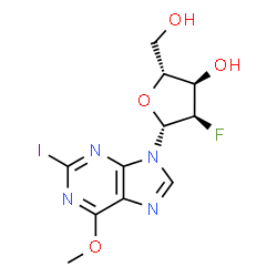 ChemSpider 2D Image | 2-Iodo-6-methoxy-9-(2-deoxy-2-fluoro-.beta.-D-ribofuranosyl)purine | C11H12FIN4O4