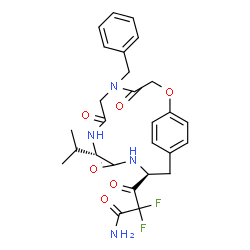 ChemSpider 2D Image | 3-[(9S,12S)-5-Benzyl-9-isopropyl-4,7,10-trioxo-2-oxa-5,8,11-triazabicyclo[12.2.2]octadeca-1(16),14,17-trien-12-yl]-2,2-difluoro-3-oxopropanamide | C27H30F2N4O6