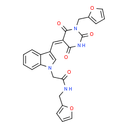 ChemSpider 2D Image | N-(2-Furylmethyl)-2-(3-{(E)-[1-(2-furylmethyl)-2,4,6-trioxotetrahydro-5(2H)-pyrimidinylidene]methyl}-1H-indol-1-yl)acetamide | C25H20N4O6