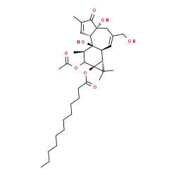 ChemSpider 2D Image | (1aR,1bS,4aR,7aS,7bS,8R,9aS)-9-Acetoxy-4a,7b-dihydroxy-3-(hydroxymethyl)-1,1,6,8-tetramethyl-5-oxo-1,1a,1b,4,4a,5,7a,7b,8,9-decahydro-9aH-cyclopropa[3,4]benzo[1,2-e]azulen-9a-yl laurate | C34H52O8