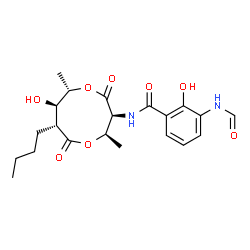 ChemSpider 2D Image | N-[(3S,4R,7R,8R,9S)-7-Butyl-8-hydroxy-4,9-dimethyl-2,6-dioxo-1,5-dioxonan-3-yl]-3-formamido-2-hydroxybenzamide | C21H28N2O8