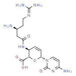 ChemSpider 2D Image | 4-Amino-1-[4-({(3S)-3-amino-5-[(diaminomethylene)amino]pentanoyl}amino)-2,3,4-trideoxy-beta-D-erythro-hex-2-enopyranuronosyl]-2(1H)-pyrimidinone | C16H24N8O5