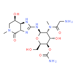 ChemSpider 2D Image | 4-O-Carbamoyl-2-deoxy-2-[glycyl(methyl)amino]-N-[(3aS,7R,7aS)-7-hydroxy-5-methyl-4-oxo-3a,4,5,6,7,7a-hexahydro-1H-imidazo[4,5-c]pyridin-2-yl]-beta-D-gulopyranosylamine | C17H29N7O8
