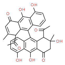 ChemSpider 2D Image | 1,1'-Diacetyl-2,5,5',10,10'-pentahydroxy-2,2'-dimethyl-2,3-dihydro-9,9'-bianthracene-4,4'(1H,1'H)-dione | C34H28O9