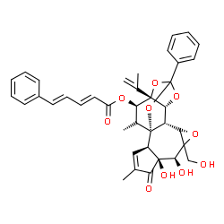 ChemSpider 2D Image | (1R,2R,6S,7S,11S,12R,16S,17R)-6,7-Dihydroxy-8-(hydroxymethyl)-16-isopropenyl-4,18-dimethyl-5-oxo-14-phenyl-9,13,15,19-tetraoxahexacyclo[12.4.1.0~1,11~.0~2,6~.0~8,10~.0~12,16~]nonadec-3-en-17-yl (2E,4E
)-5-phenyl-2,4-pentadienoate | C38H38O10
