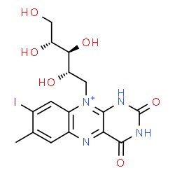 ChemSpider 2D Image | 1-Deoxy-1-(8-iodo-7-methyl-2,4-dioxo-1,2,3,4-tetrahydrobenzo[g]pteridin-10-ium-10-yl)-D-ribitol | C16H18IN4O6