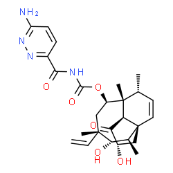 ChemSpider 2D Image | (1R,2R,3S,4S,6R,7R,8R,10S,14R)-3,10-Dihydroxy-2,4,7,14-tetramethyl-9-oxo-4-vinyltricyclo[5.4.3.0~1,8~]tetradec-12-en-6-yl [(6-amino-3-pyridazinyl)carbonyl]carbamate | C26H34N4O6