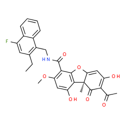 ChemSpider 2D Image | (9aS)-8-Acetyl-N-[(2-ethyl-4-fluoro-1-naphthyl)methyl]-1,7-dihydroxy-3-methoxy-9a-methyl-9-oxo-9,9a-dihydrodibenzo[b,d]furan-4-carboxamide | C30H26FNO7