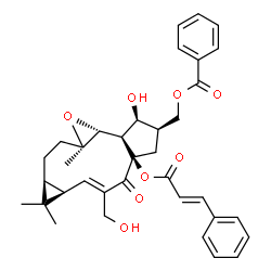 ChemSpider 2D Image | [(1aR,1bR,2S,3R,4aR,6E,7aR,8aS,10aR)-2-Hydroxy-6-(hydroxymethyl)-8,8,10a-trimethyl-5-oxo-4a-{[(2E)-3-phenyl-2-propenoyl]oxy}-1b,2,3,4,4a,5,7a,8,8a,9,10,10a-dodecahydro-1aH-cyclopenta[10,11]cyclopropa[
5,6]cycloundeca[1,2-b]oxiren-3-yl]methyl benzoate | C36H40O8