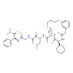 ChemSpider 2D Image | (7R,9S,12S)-12-cyclohexyl-N-{1-[(2-{[(1S)-2-(dimethylamino)-2-oxo-1-phenylethyl]amino}-2-oxoethyl)amino]-1,2-dioxohexan-3-yl}-11,14-dioxo-2,6-dioxa-10,13-diazatricyclo[14.3.1.1~7,10~]henicosa-1(20),16,18-triene-9-carboxamide | C42H56N6O9