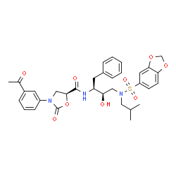 ChemSpider 2D Image | (5S)-3-(3-Acetylphenyl)-N-{(2S,3R)-4-[(1,3-benzodioxol-5-ylsulfonyl)(isobutyl)amino]-3-hydroxy-1-phenyl-2-butanyl}-2-oxo-1,3-oxazolidine-5-carboxamide | C33H37N3O9S