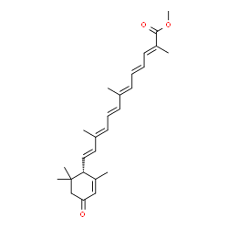 ChemSpider 2D Image | Methyl (2E,4E,6E,8E,10E,12E)-2,7,11-trimethyl-13-[(1S)-2,6,6-trimethyl-4-oxo-2-cyclohexen-1-yl]-2,4,6,8,10,12-tridecahexaenoate | C26H34O3