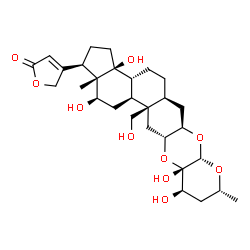 ChemSpider 2D Image | 4-[(1R,3aS,3bR,5aS,6aR,7aS,9R,11R,11aS,12aR,13aR,13bS,15R,15aS)-3a,11,11a,15-Tetrahydroxy-13a-(hydroxymethyl)-9,15a-dimethylicosahydro-1H,7aH-cyclopenta[7,8]phenanthro[2,3-b]pyrano[3,2-e][1,4]dioxin-1
-yl]-2(5H)-furanone | C29H42O10