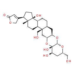 ChemSpider 2D Image | 4-[(1R,3aS,3bR,5aS,6aR,7aS,9S,11R,11aS,12aR,13aR,13bS,15aR)-3a,11,11a-Trihydroxy-9,13a-bis(hydroxymethyl)-15a-methylicosahydro-1H,7aH-cyclopenta[7,8]phenanthro[2,3-b]pyrano[3,2-e][1,4]dioxin-1-yl]-2(5
H)-furanone | C29H42O10