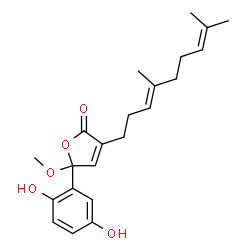 ChemSpider 2D Image | 5-(2,5-Dihydroxyphenyl)-3-[(3E)-4,8-dimethyl-3,7-nonadien-1-yl]-5-methoxy-2(5H)-furanone | C22H28O5