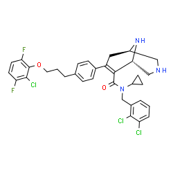 ChemSpider 2D Image | (1R,5S)-7-{4-[3-(2-Chloro-3,6-difluorophenoxy)propyl]phenyl}-N-cyclopropyl-N-(2,3-dichlorobenzyl)-3,9-diazabicyclo[3.3.1]non-6-ene-6-carboxamide | C33H32Cl3F2N3O2