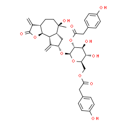ChemSpider 2D Image | (3aS,6R,6aR,8S,9aR,9bS)-6-Hydroxy-6-methyl-3,9-bis(methylene)-2-oxododecahydroazuleno[4,5-b]furan-8-yl 2,6-bis-O-[(4-hydroxyphenyl)acetyl]-beta-D-glucopyranoside | C37H42O13