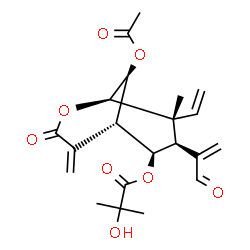 ChemSpider 2D Image | (1R,5S,6R,7S,8R,9S)-9-Acetoxy-8-methyl-4-methylene-3-oxo-7-(3-oxo-1-propen-2-yl)-8-vinyl-2-oxabicyclo[3.3.1]non-6-yl 2-hydroxy-2-methylpropanoate | C21H26O8