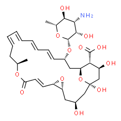 ChemSpider 2D Image | (1R,3S,5S,7R,8E,12R,14E,16E,18E,20E,22R,24S,25R,26S)-22-[(3-Amino-3,6-dideoxy-beta-D-mannopyranosyl)oxy]-1,3,26-trihydroxy-12-methyl-10-oxo-6,11,28-trioxatricyclo[22.3.1.0~5,7~]octacosa-8,14,16,18,20-
pentaene-25-carboxylic acid | C33H47NO13