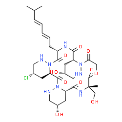 ChemSpider 2D Image | (3S,4aR,9S,10aS,13S,21R,22aR,25S)-3-Chloro-9,21-dihydroxy-13-(hydroxymethyl)-13-methyl-25-[(2E,4E)-6-methyl-2,4-heptadien-1-yl]hexadecahydro-7H,19H-tripyridazino[1,6-d:1',6'-j:1'',6''-m][1,4,7,10,13,1
6]oxapentaazacyclooctadecine-5,11,14,17,23,26(1H,16H)-hexone | C31H47ClN8O10