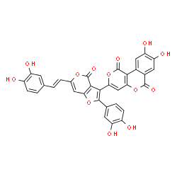 ChemSpider 2D Image | 3-{2-(3,4-Dihydroxyphenyl)-6-[(E)-2-(3,4-dihydroxyphenyl)vinyl]-4-oxo-4H-furo[3,2-c]pyran-3-yl}-8,9-dihydroxy-1H,6H-pyrano[4,3-c]isochromene-1,6-dione | C33H18O13