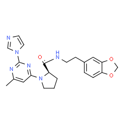 ChemSpider 2D Image | N-[2-(1,3-Benzodioxol-5-yl)ethyl]-1-[2-(1H-imidazol-1-yl)-6-methyl-4-pyrimidinyl]-D-prolinamide | C22H24N6O3