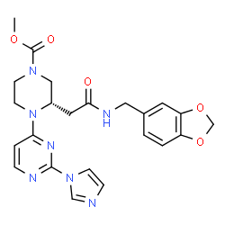 ChemSpider 2D Image | Methyl (3S)-3-{2-[(1,3-benzodioxol-5-ylmethyl)amino]-2-oxoethyl}-4-[2-(1H-imidazol-1-yl)-4-pyrimidinyl]-1-piperazinecarboxylate | C23H25N7O5