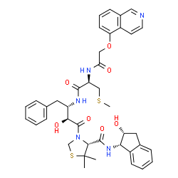 ChemSpider 2D Image | (4R)-N-[(1S,2R)-2-Hydroxy-2,3-dihydro-1H-inden-1-yl]-3-[(2S,3S)-2-hydroxy-3-({N-[(5-isoquinolinyloxy)acetyl]-S-methyl-L-cysteinyl}amino)-4-phenylbutanoyl]-5,5-dimethyl-1,3-thiazolidine-4-carboxamide | C40H45N5O7S2