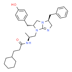 ChemSpider 2D Image | N-{(2S)-1-[(2R,5S)-5-Benzyl-2-(4-hydroxybenzyl)-2,3,5,6-tetrahydro-1H-imidazo[1,2-a]imidazol-1-yl]-2-propanyl}-3-cyclohexylpropanamide | C31H42N4O2
