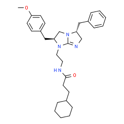 ChemSpider 2D Image | N-{2-[(2S,5R)-5-Benzyl-2-(4-methoxybenzyl)-2,3,5,6-tetrahydro-1H-imidazo[1,2-a]imidazol-1-yl]ethyl}-3-cyclohexylpropanamide | C31H42N4O2