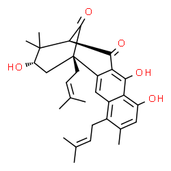 ChemSpider 2D Image | (1S,13S,15S)-8,10,15-Trihydroxy-6,14,14-trimethyl-1,5-bis(3-methyl-2-buten-1-yl)tetracyclo[11.3.1.0~2,11~.0~4,9~]heptadeca-2,4,6,8,10-pentaene-12,17-dione | C30H36O5