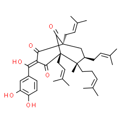 ChemSpider 2D Image | (1R,3E,5S,6S,7R)-3-[(3,4-Dihydroxyphenyl)(hydroxy)methylene]-6-methyl-1,5,7-tris(3-methyl-2-buten-1-yl)-6-(4-methyl-3-penten-1-yl)bicyclo[3.3.1]nonane-2,4,9-trione | C38H50O6