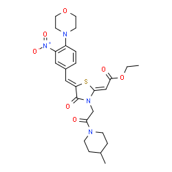ChemSpider 2D Image | Ethyl (2Z)-{(5Z)-3-[2-(4-methyl-1-piperidinyl)-2-oxoethyl]-5-[4-(4-morpholinyl)-3-nitrobenzylidene]-4-oxo-1,3-thiazolidin-2-ylidene}acetate | C26H32N4O7S