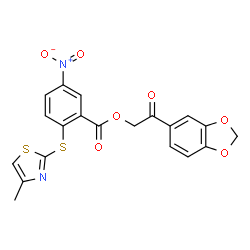 ChemSpider 2D Image | 2-(1,3-Benzodioxol-5-yl)-2-oxoethyl 2-[(4-methyl-1,3-thiazol-2-yl)sulfanyl]-5-nitrobenzoate | C20H14N2O7S2