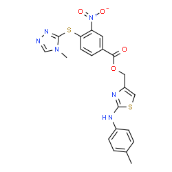 ChemSpider 2D Image | {2-[(4-Methylphenyl)amino]-1,3-thiazol-4-yl}methyl 4-[(4-methyl-4H-1,2,4-triazol-3-yl)sulfanyl]-3-nitrobenzoate | C21H18N6O4S2
